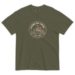 Alpine ski lodge gondola badge design on a Sage garment-dyed cotton t-shirt