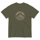 Alpine ski lodge gondola badge design on a Sage garment-dyed cotton t-shirt