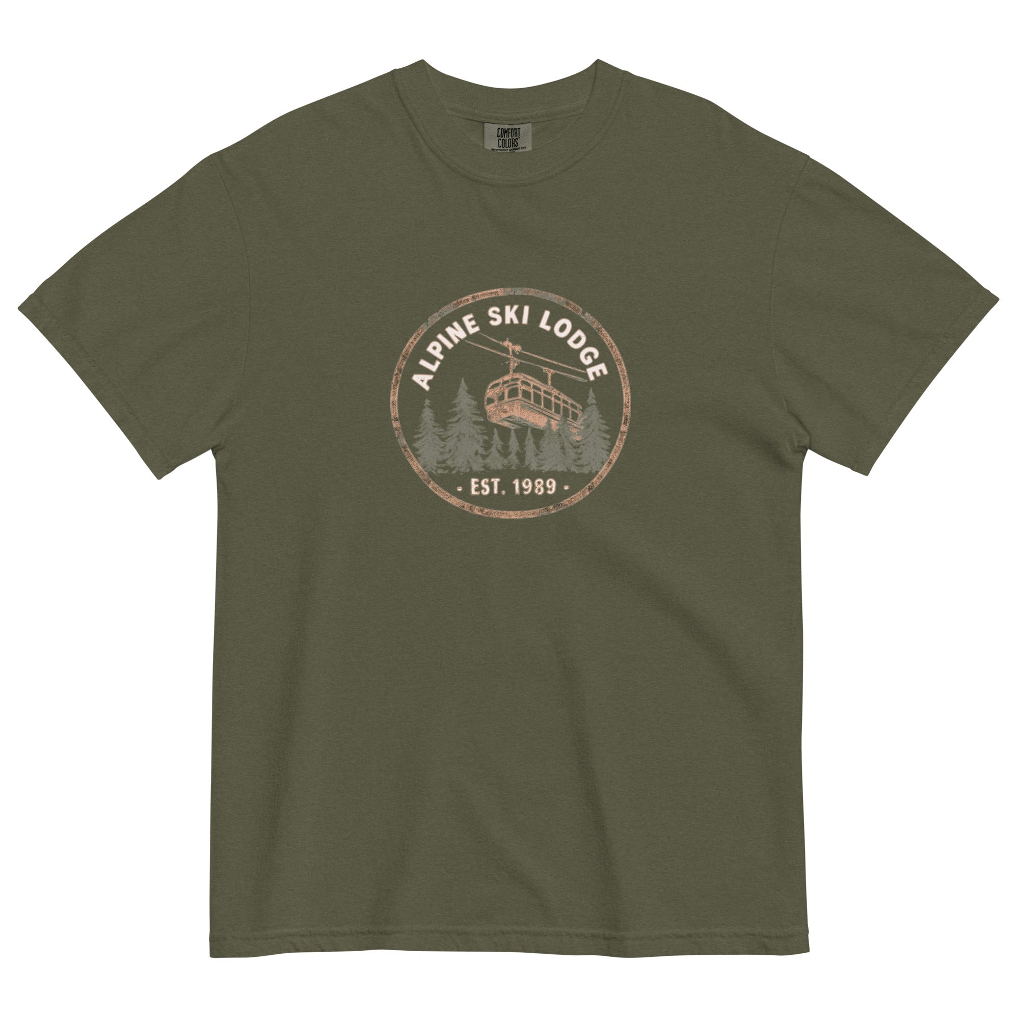Alpine ski lodge gondola badge design on a Sage garment-dyed cotton t-shirt