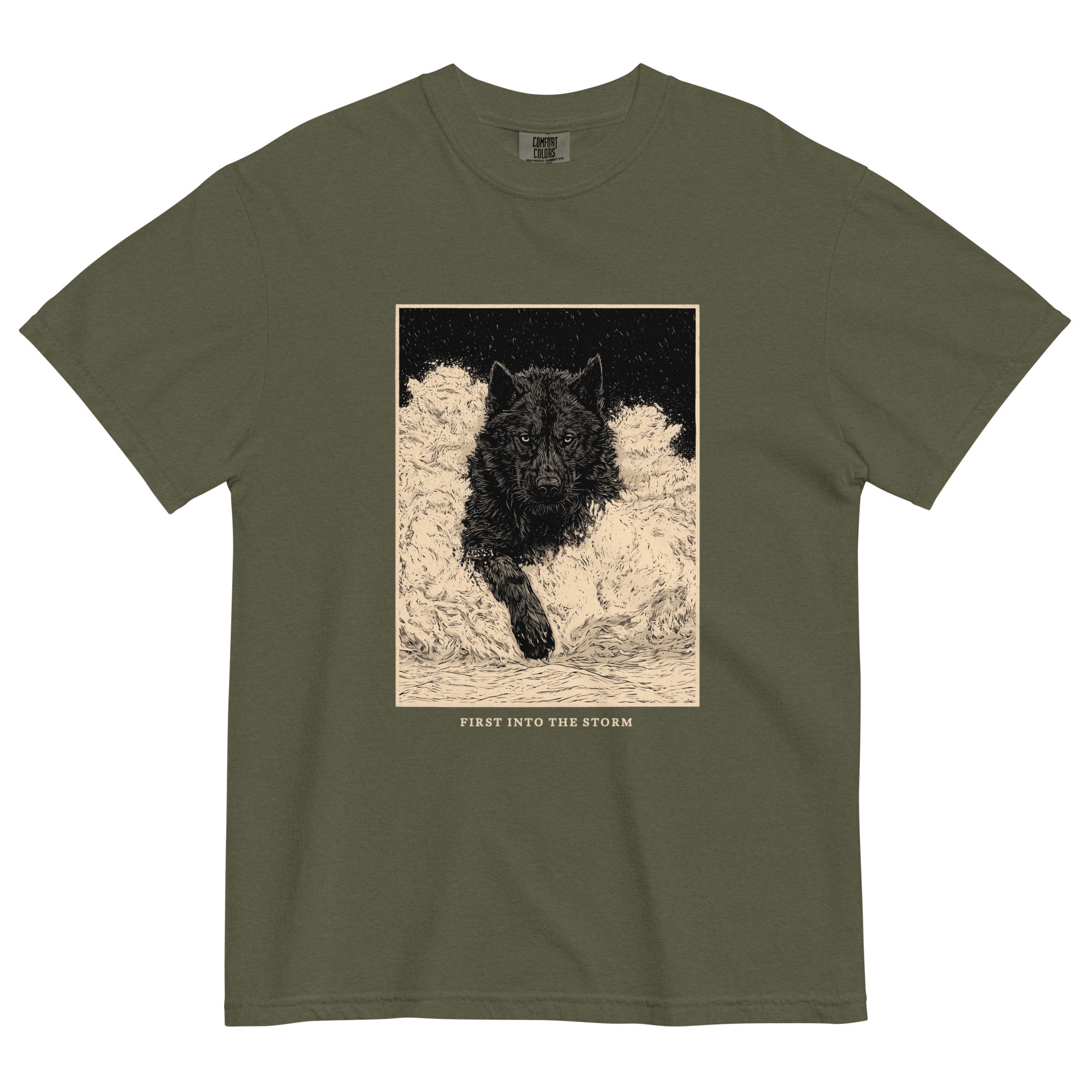 Black wolf in deep snow design on a Sage garment-dyed cotton t-shirt