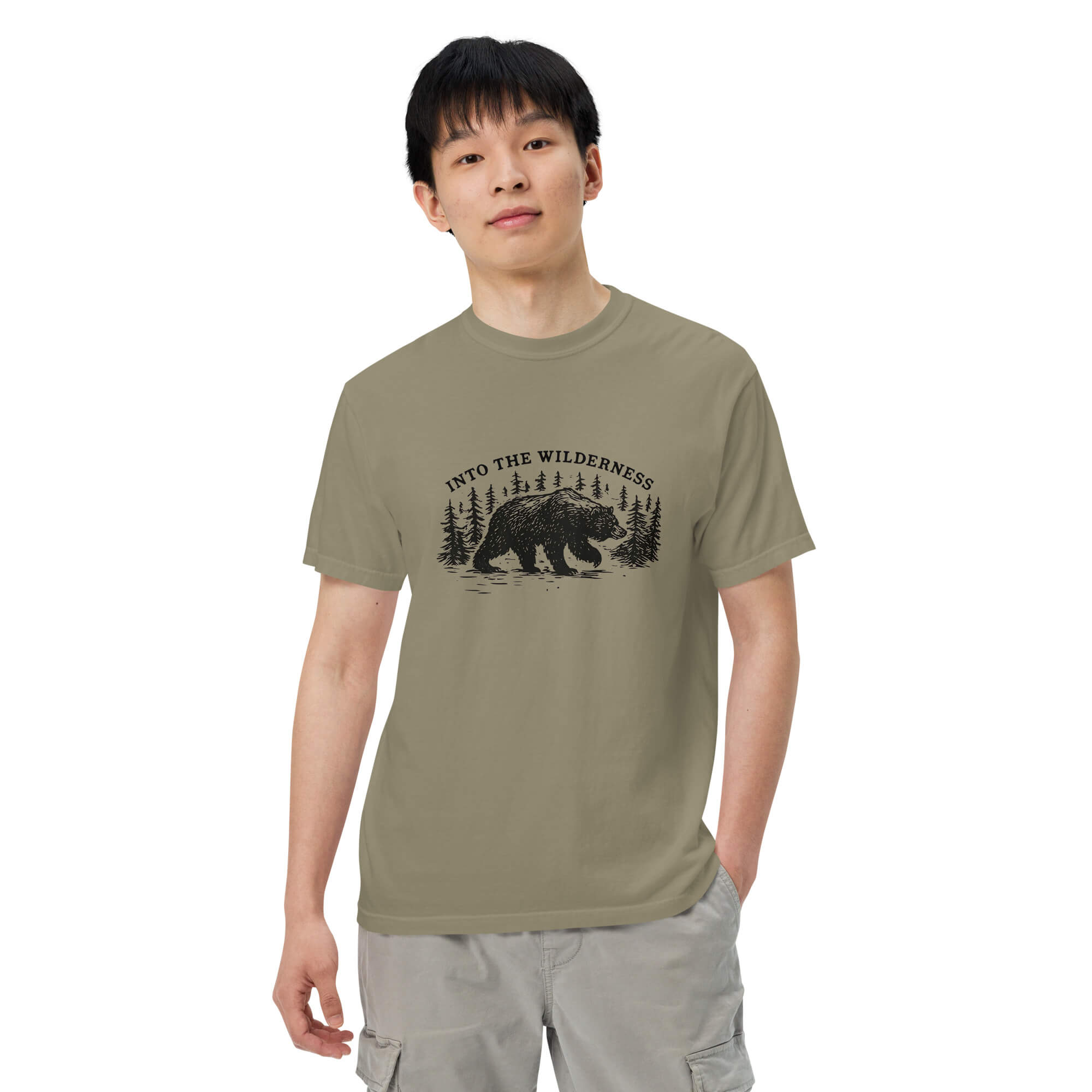 Bear and pine forest wilderness design on a Sandstone garment-dyed cotton t-shirt