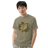 Fox asleep in a Christmas wreath design on a Sandstone garment-dyed cotton t-shirt