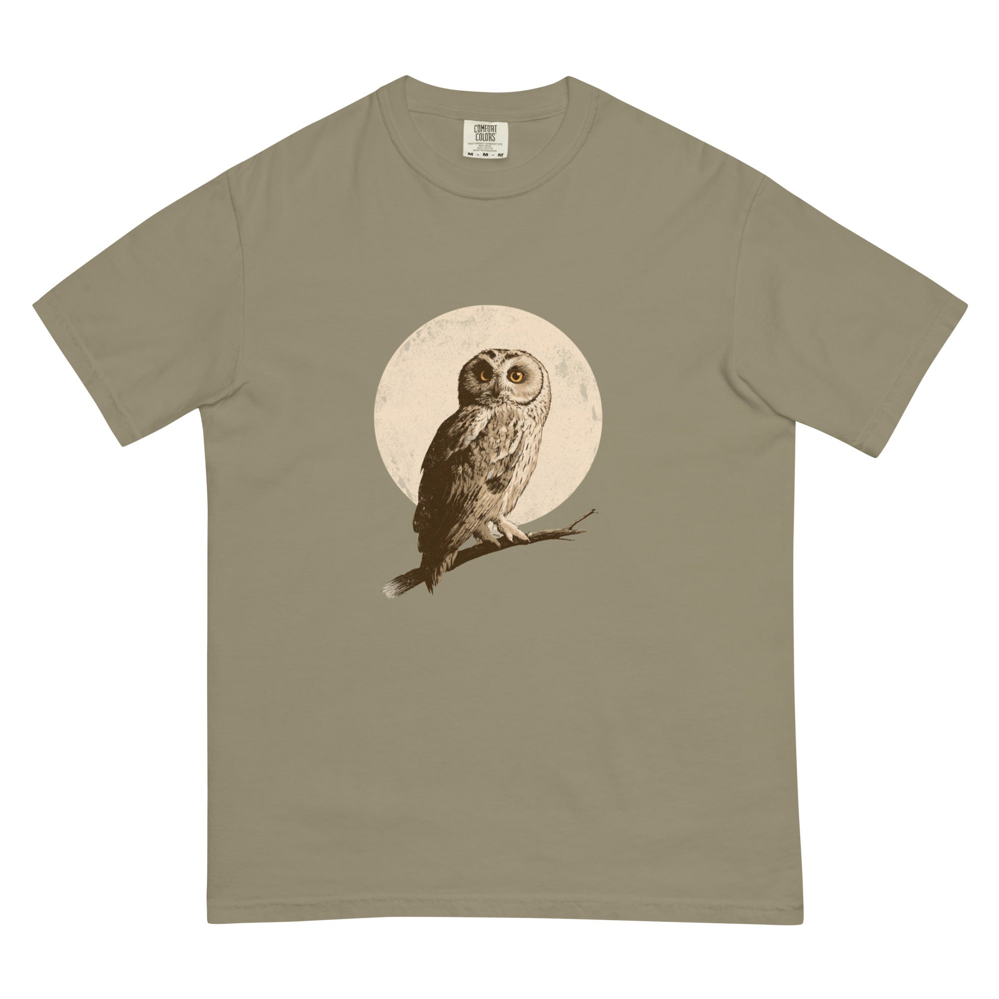 Owl and full moon design on a Sandstone garment-dyed cotton t-shirt
