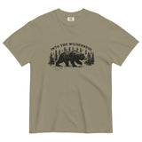 Bear and pine forest wilderness design on a Sandstone garment-dyed cotton t-shirt