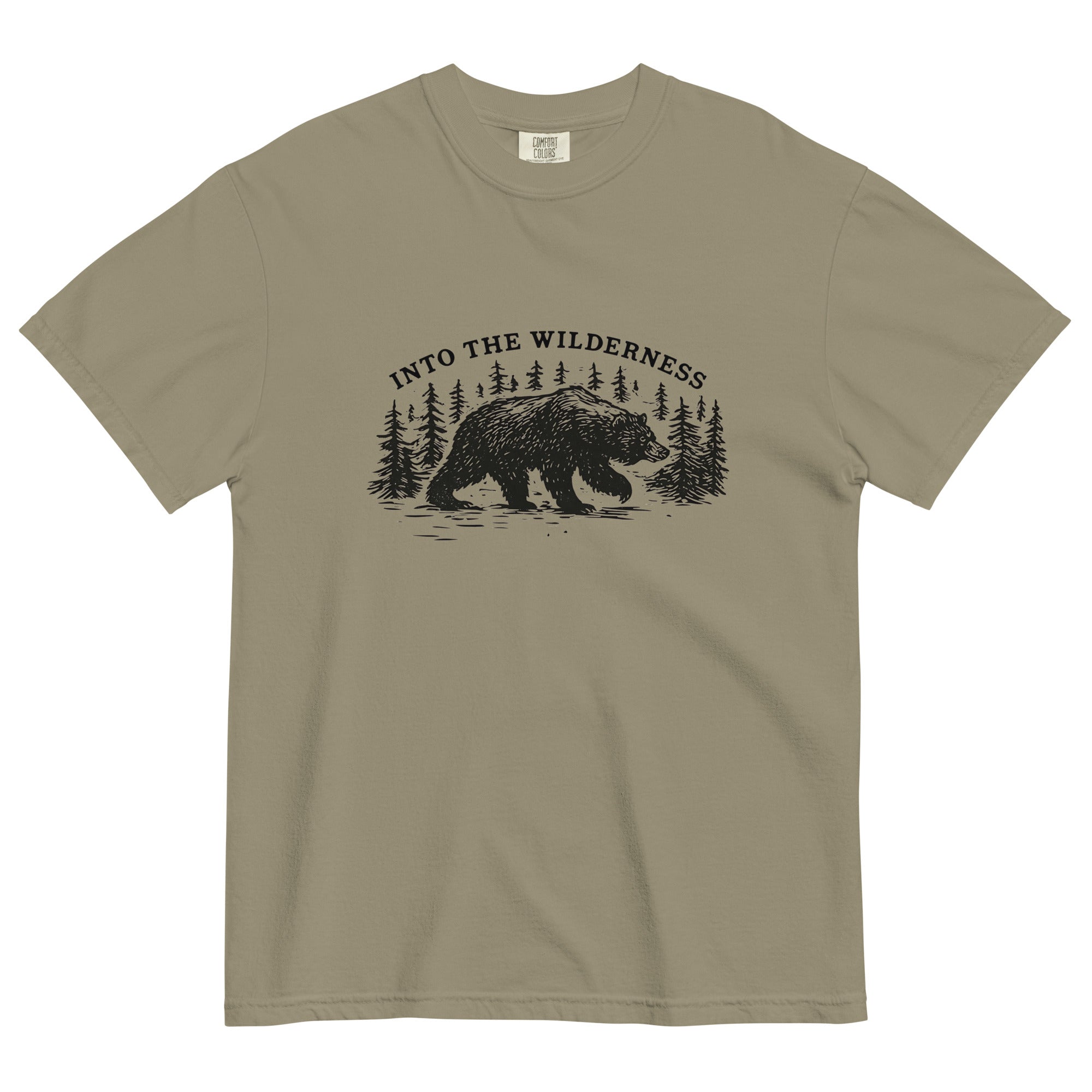 Bear and pine forest wilderness design on a Sandstone garment-dyed cotton t-shirt
