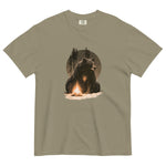 Bear and campfire design on a Sandstone garment-dyed cotton t-shirt
