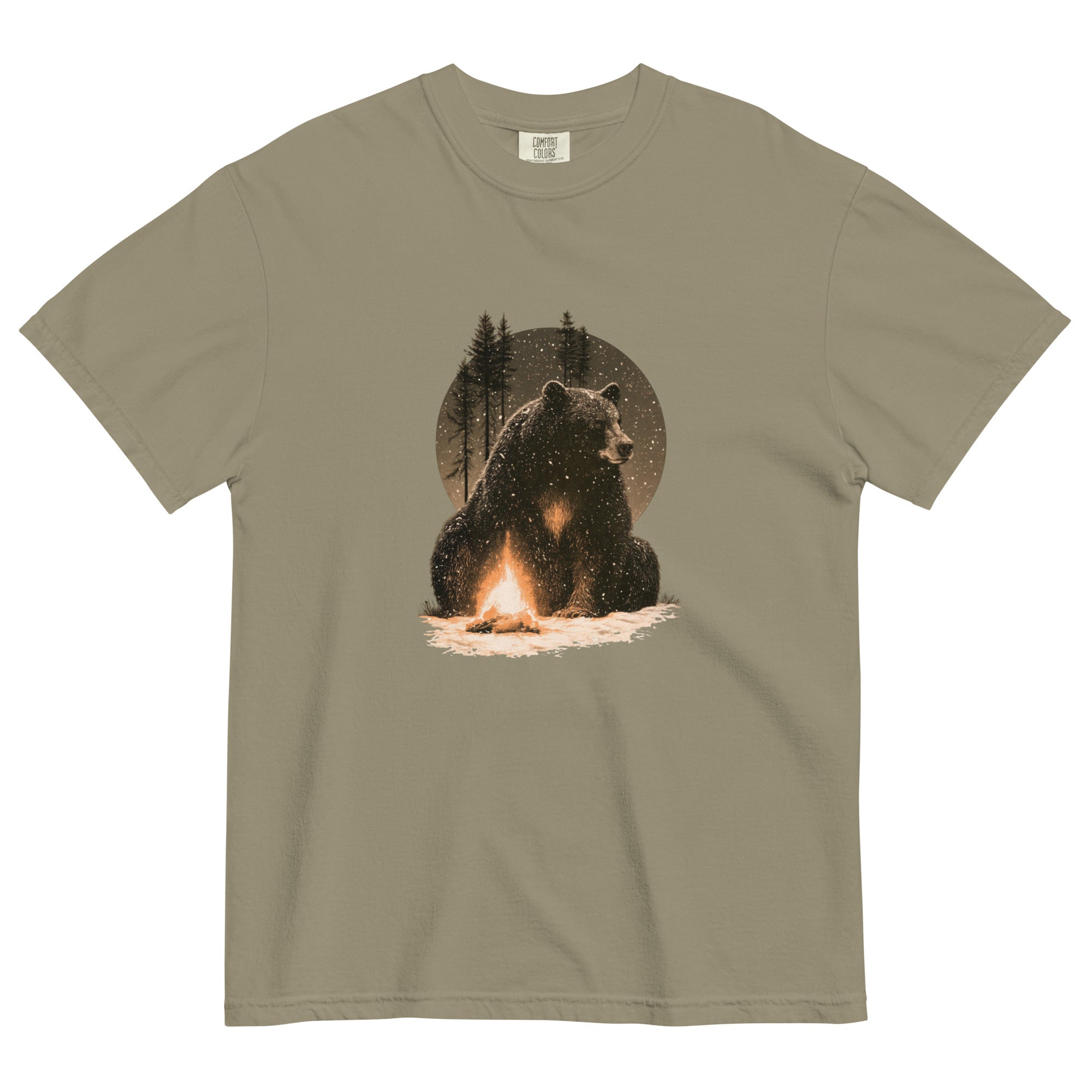 Bear and campfire design on a Sandstone garment-dyed cotton t-shirt