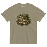 Kitten asleep in a Christmas wreath design on a Sandstone garment-dyed cotton t-shirt