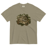 Kitten asleep in a Christmas wreath design on a Sandstone garment-dyed cotton t-shirt