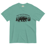Bear and pine forest wilderness design on a Seafoam garment-dyed cotton t-shirt
