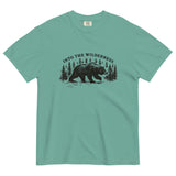 Bear and pine forest wilderness design on a Seafoam garment-dyed cotton t-shirt