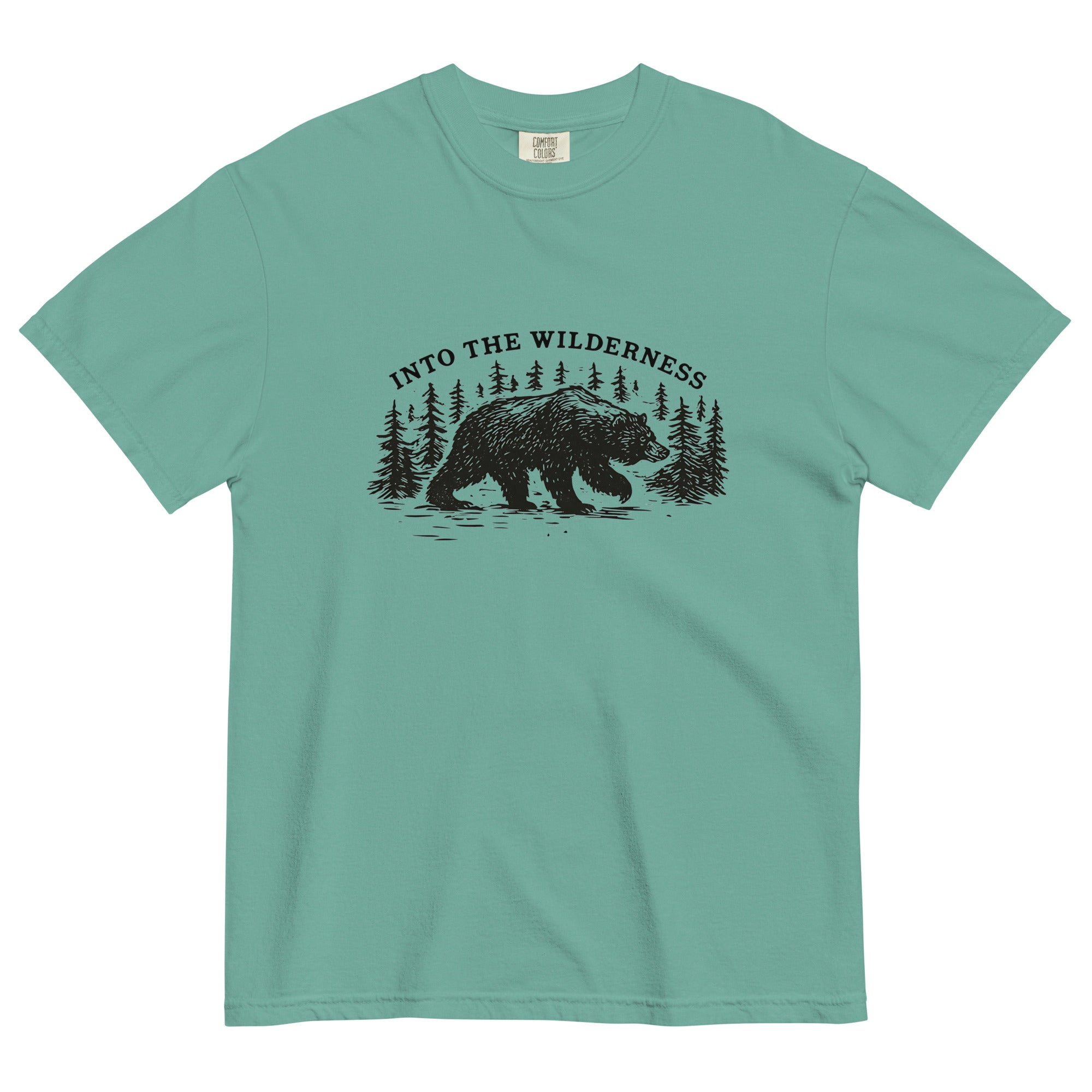 Bear and pine forest wilderness design on a Seafoam garment-dyed cotton t-shirt