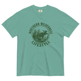 Moose wilderness badge design on a Seafoam garment-dyed cotton t-shirt