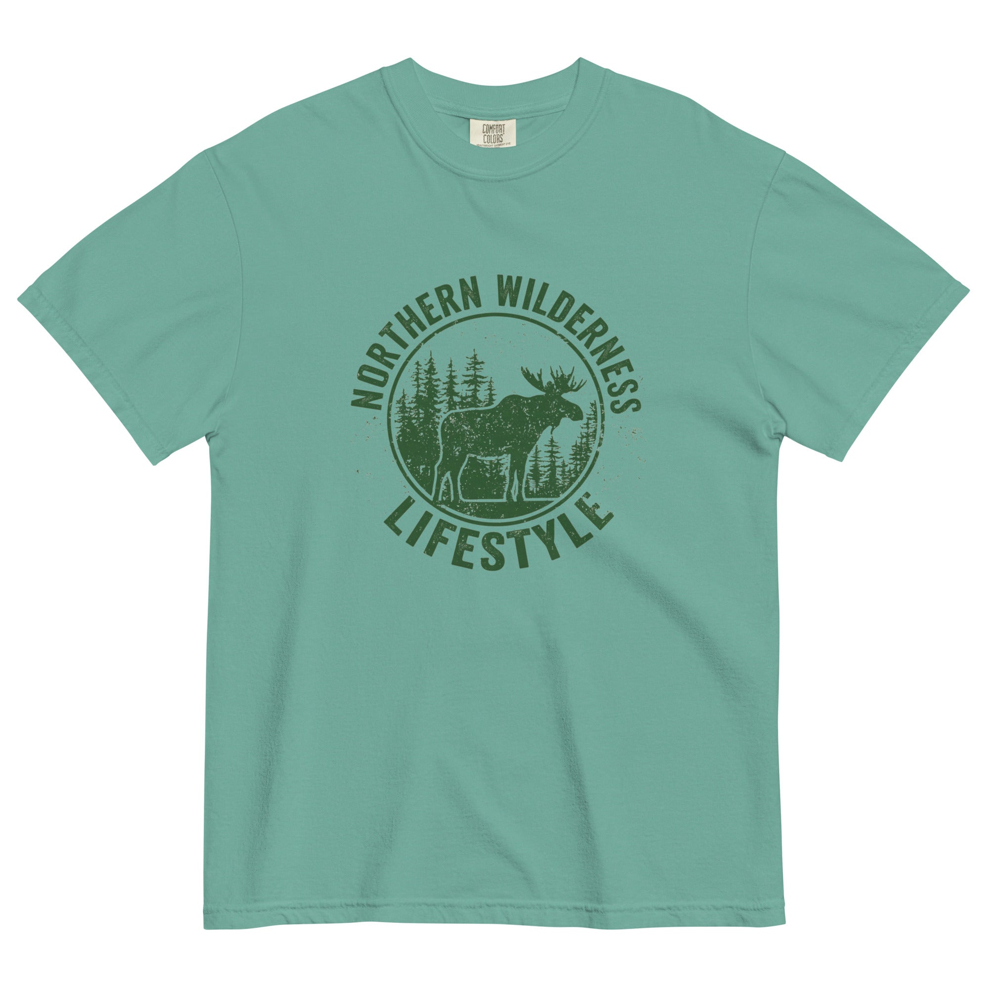 Moose wilderness badge design on a Seafoam garment-dyed cotton t-shirt