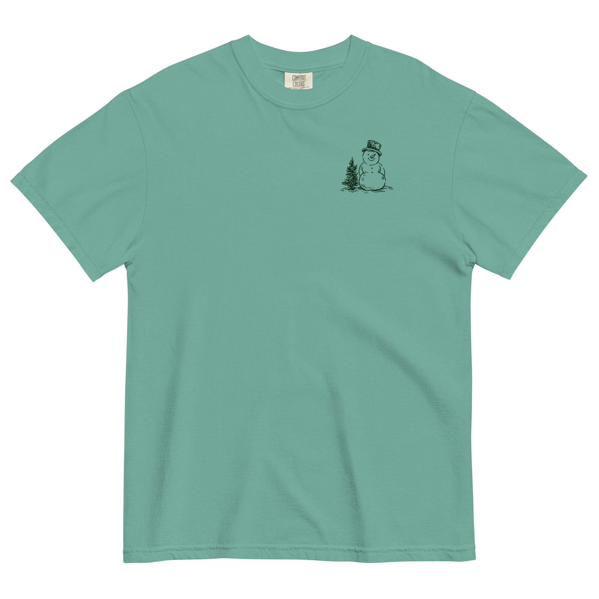 Snowman and pine tree design on a Seafoam garment-dyed cotton t-shirt