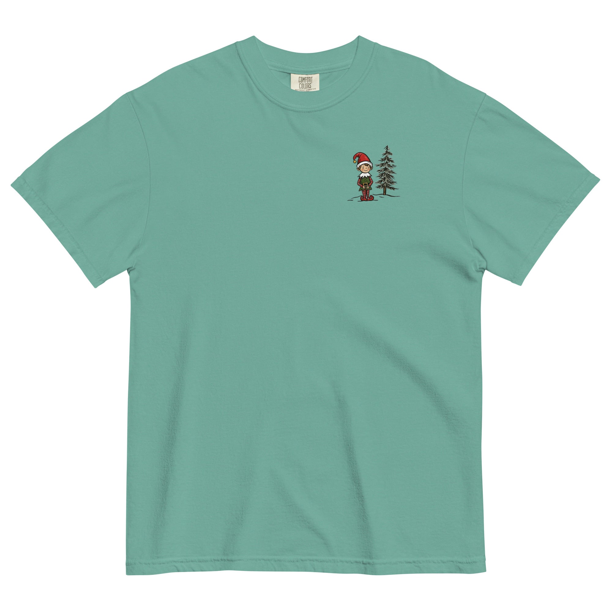 Elf and pine tree design on a Seafoam garment-dyed cotton t-shirt