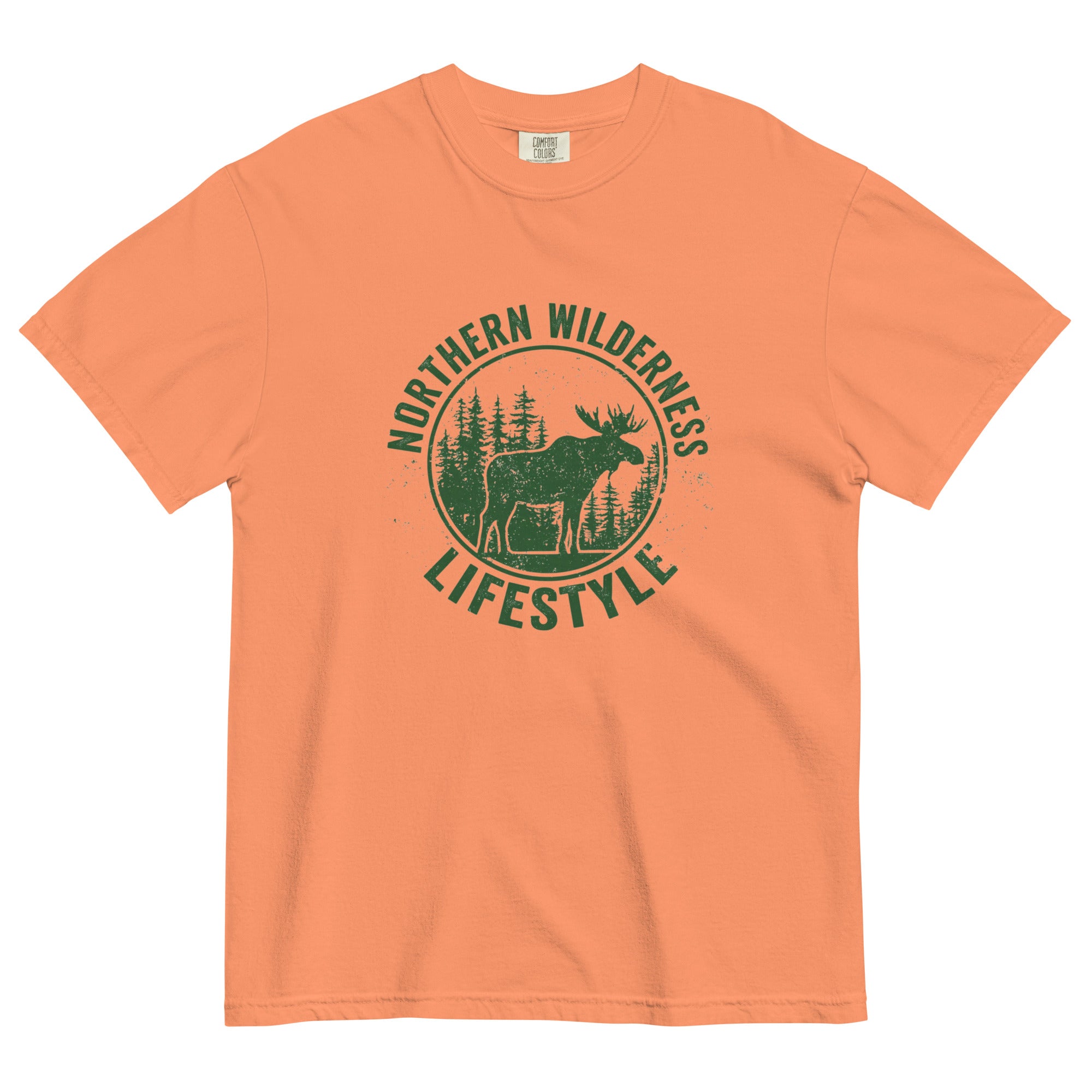 Moose wilderness badge design on a Terracotta garment-dyed cotton t-shirt