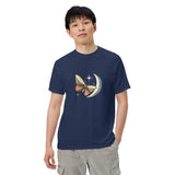 Butterfly and crescent moon design on a True Navy garment-dyed cotton t-shirt