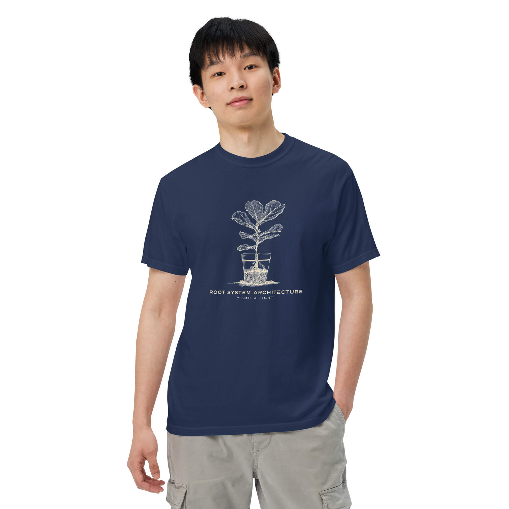 Root system architecture plant design on a True Navy garment-dyed cotton t-shirt