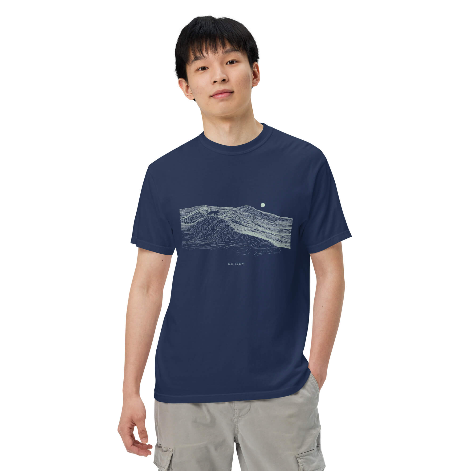 Fox on the ridge topographic design on a True Navy garment-dyed cotton t-shirt