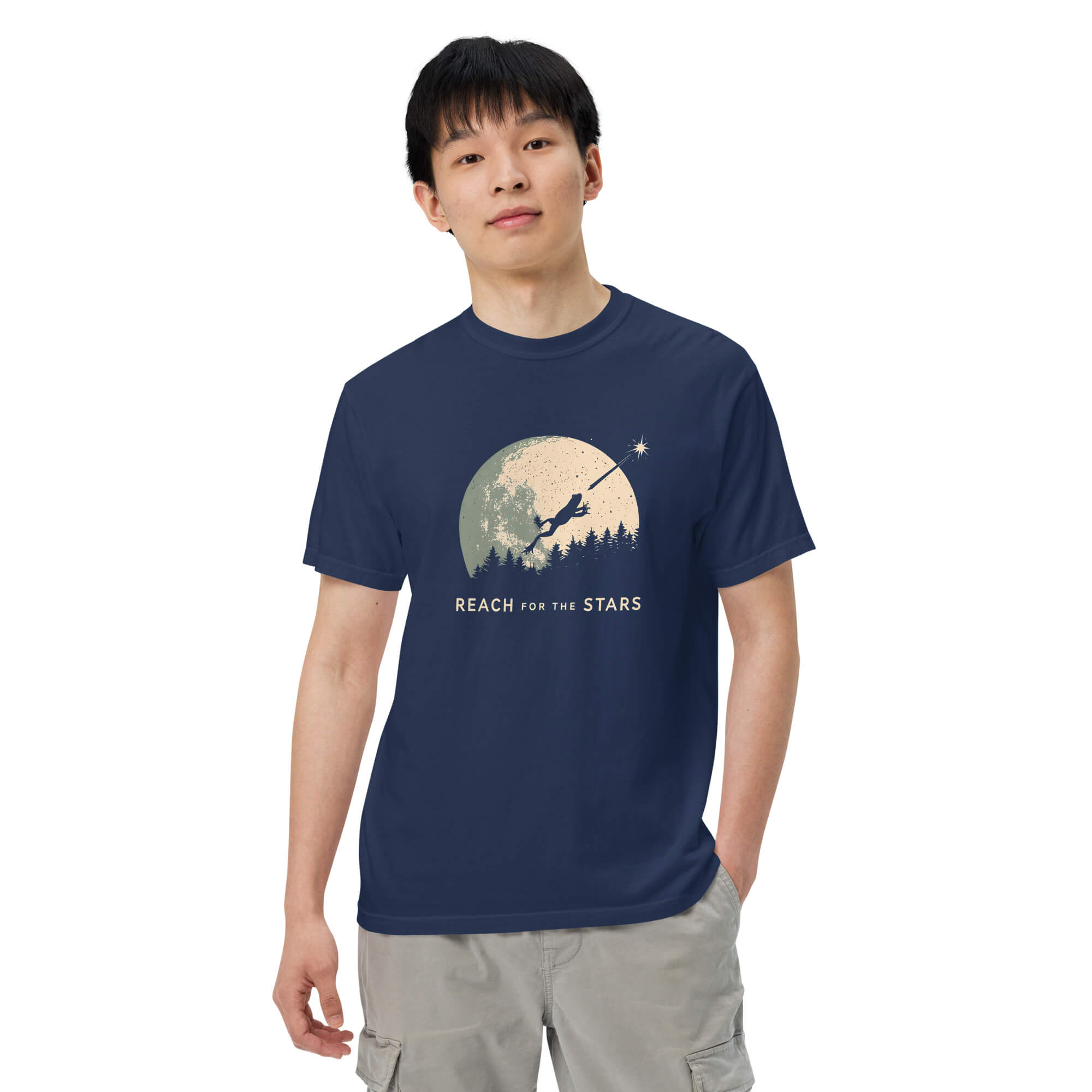 Frog and full moon design on a True Navy garment-dyed cotton t-shirt