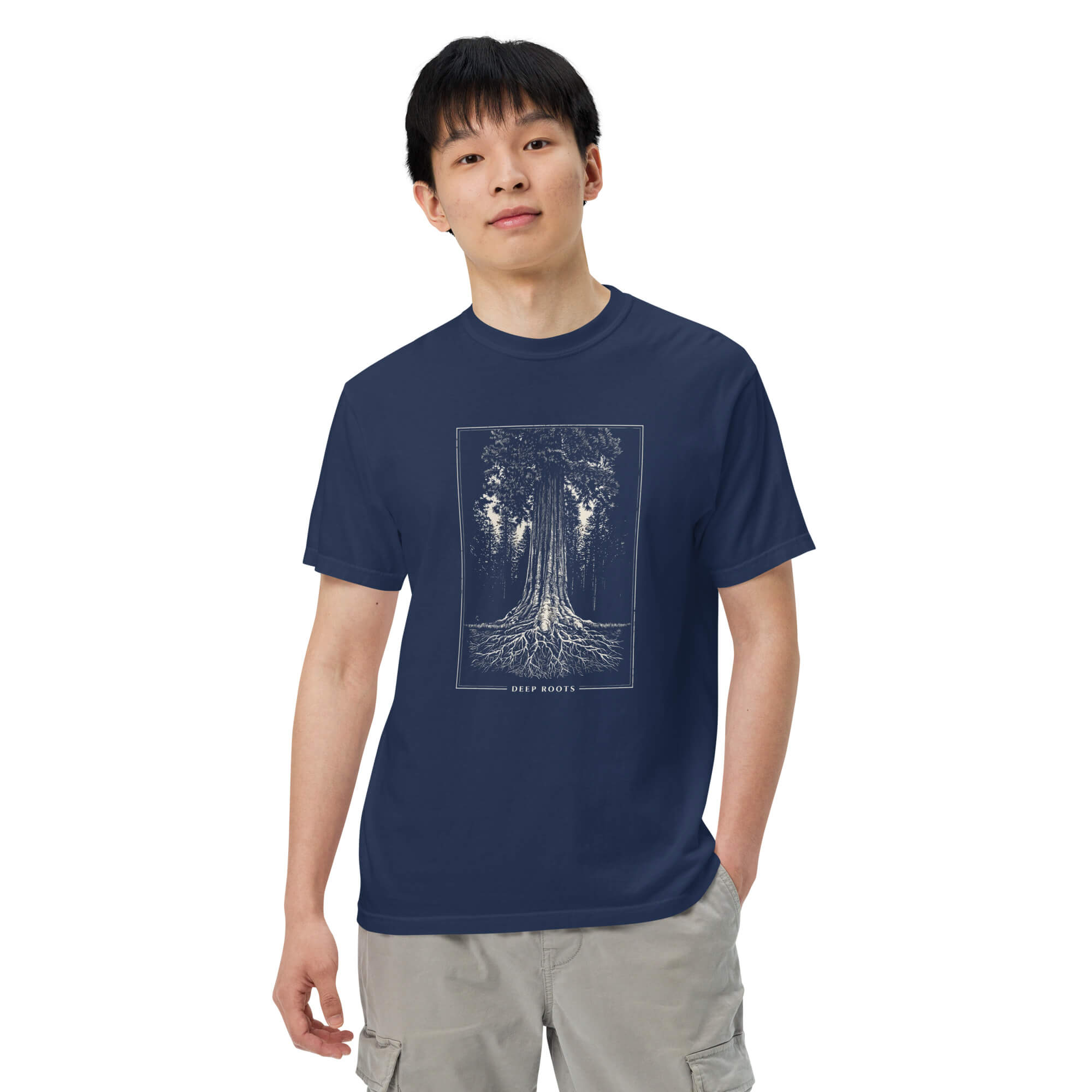 Redwood tree and roots design on a True Navy garment-dyed cotton t-shirt