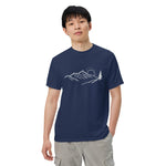Mountain sunrise line design on a True Navy garment-dyed cotton t-shirt