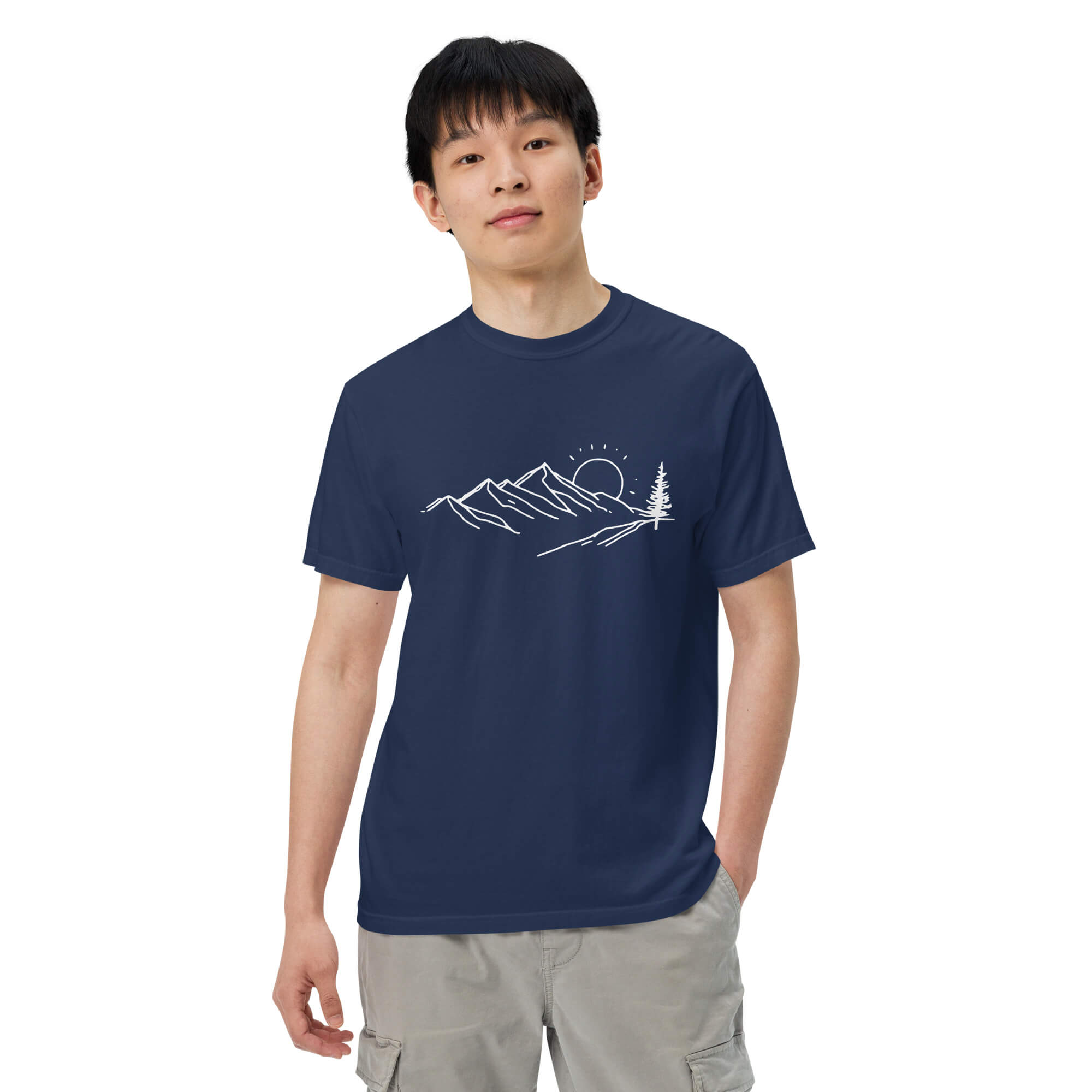 Mountain sunrise line design on a True Navy garment-dyed cotton t-shirt