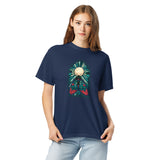 Moth in a stained glass window design on a True Navy garment-dyed cotton t-shirt