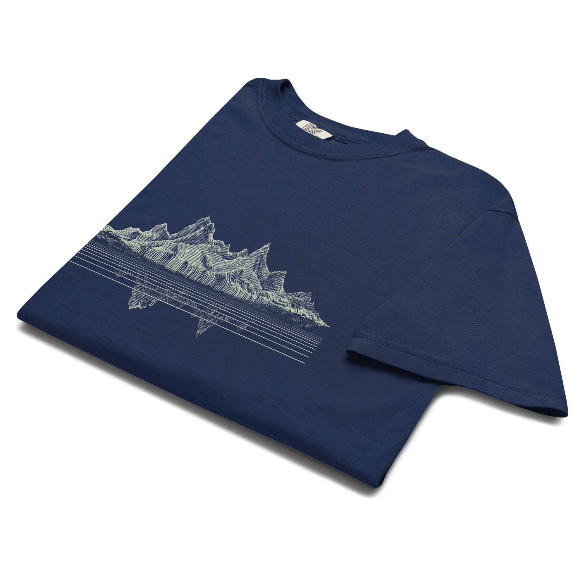 Mountain lake reflection design on a True Navy garment-dyed cotton t-shirt