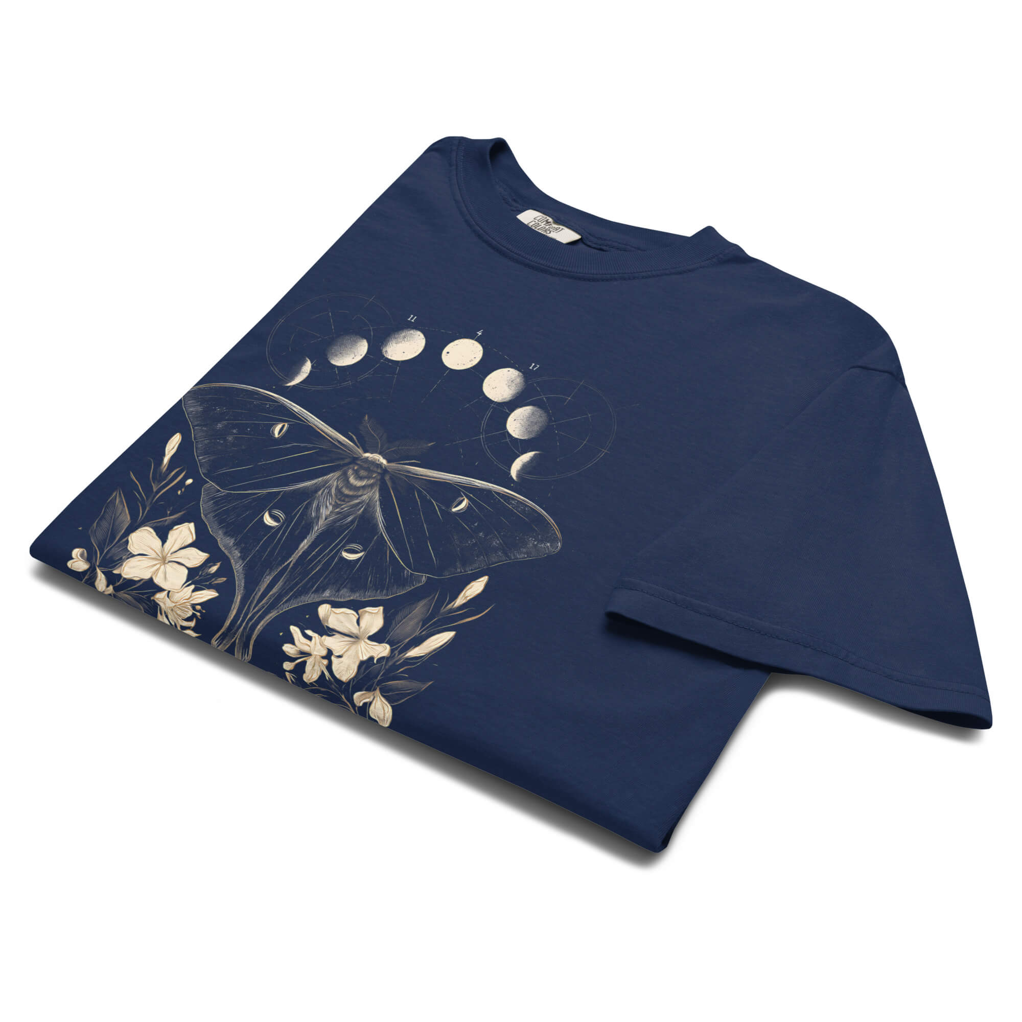 Luna moth specimen design on a True Navy garment-dyed cotton t-shirt