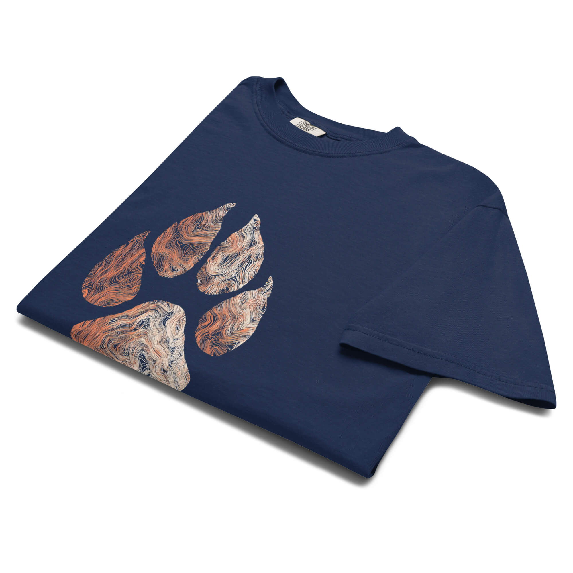Wolf paw topographic design on a True Navy garment-dyed cotton t-shirt