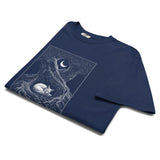Sleeping fox and ancient tree design on a True Navy garment-dyed cotton t-shirt