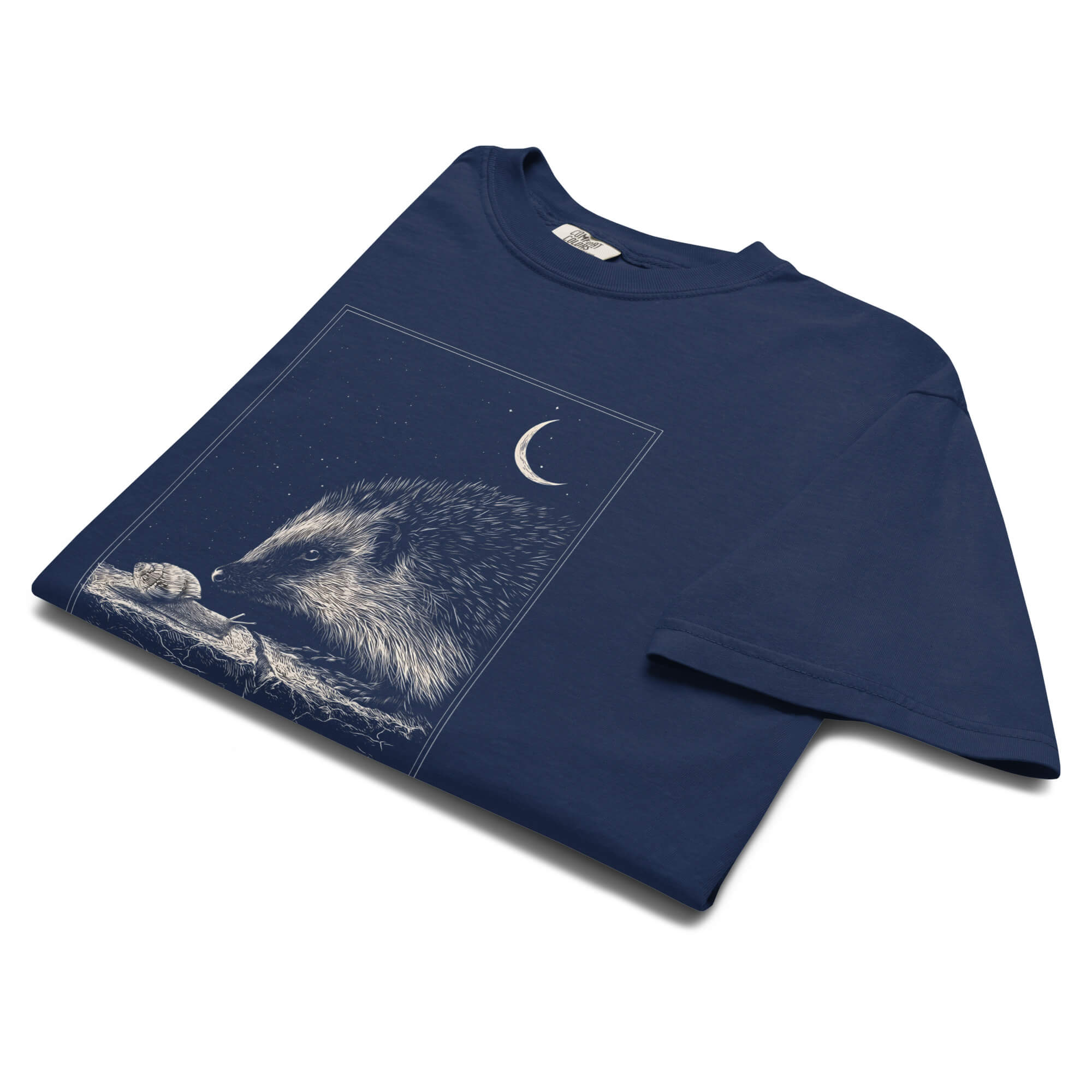Hedgehog and snail design on a True Navy garment-dyed cotton t-shirt