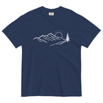 Mountain sunrise line design on a True Navy garment-dyed cotton t-shirt
