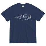 Mountain sunrise line design on a True Navy garment-dyed cotton t-shirt