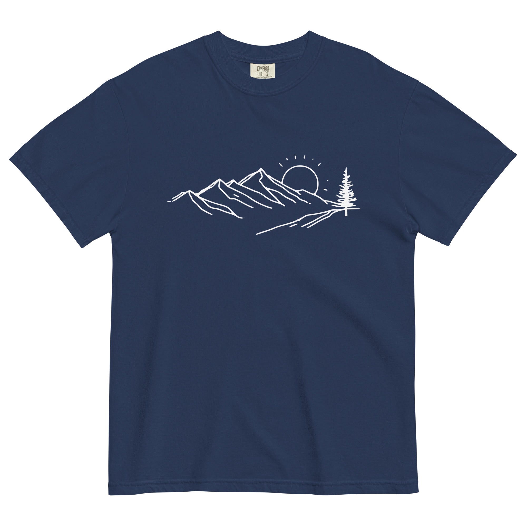 Mountain sunrise line design on a True Navy garment-dyed cotton t-shirt