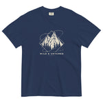 Mountain peaks and orbital rings design on a True Navy garment-dyed cotton t-shirt