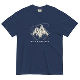 Mountain peaks and orbital rings design on a True Navy garment-dyed cotton t-shirt