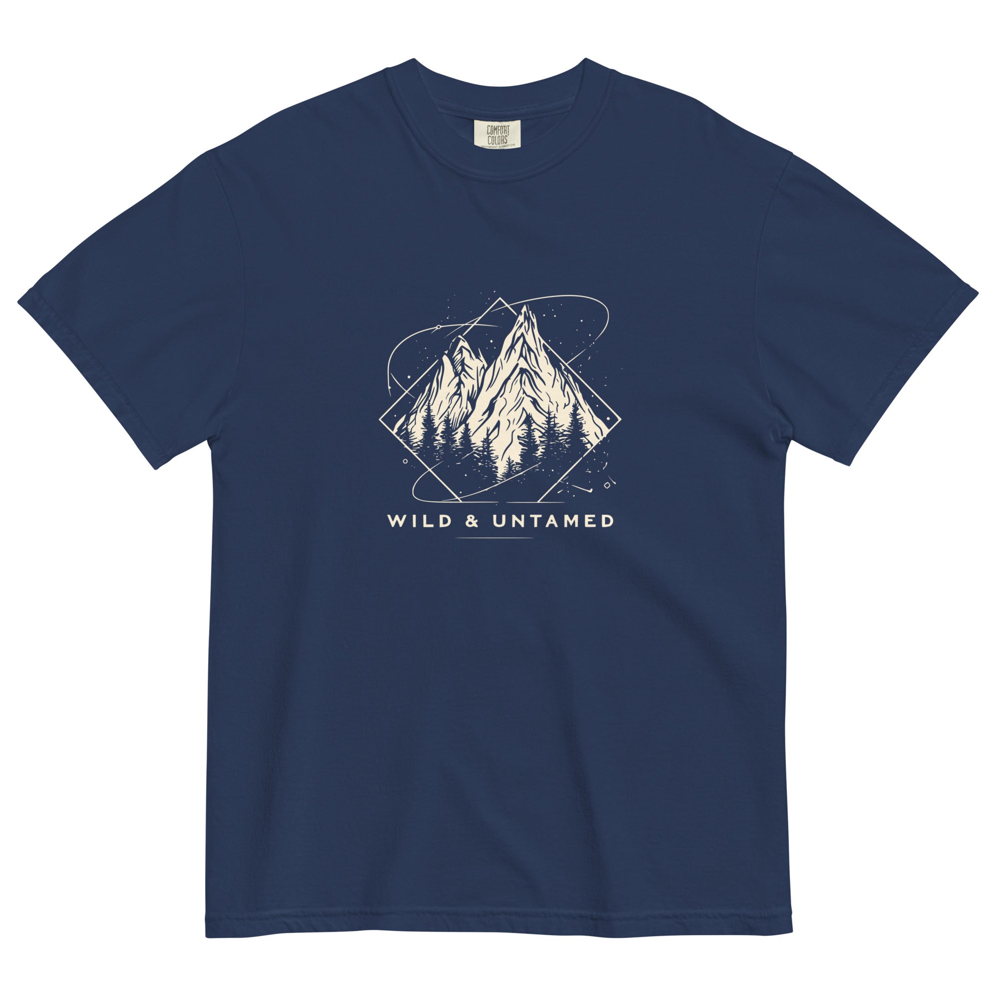 Mountain peaks and orbital rings design on a True Navy garment-dyed cotton t-shirt