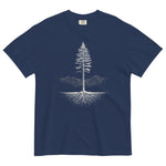 Pine tree and roots design on a True Navy garment-dyed cotton t-shirt