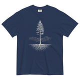 Pine tree and roots design on a True Navy garment-dyed cotton t-shirt