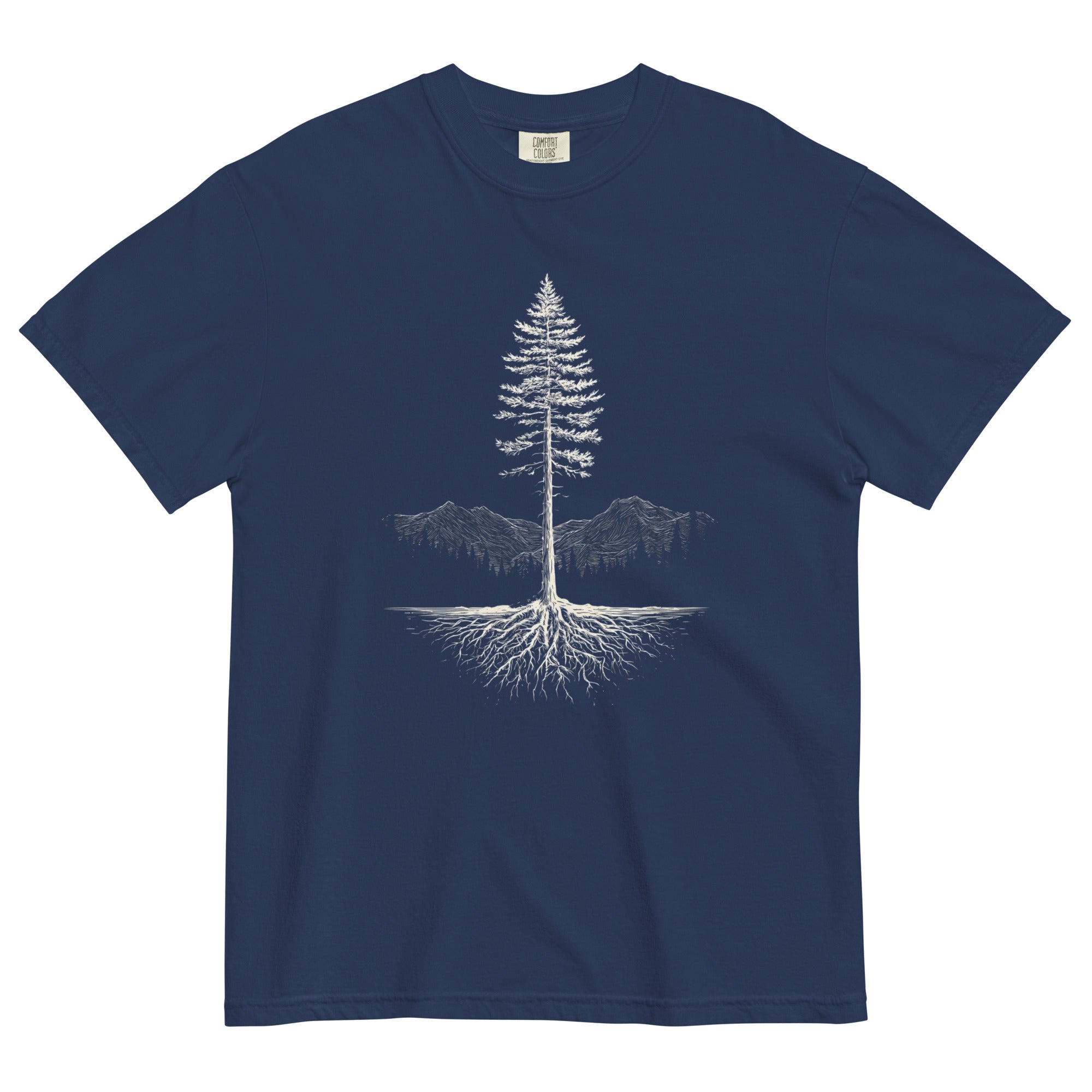 Pine tree and roots design on a True Navy garment-dyed cotton t-shirt