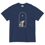 Wolf and star design on a True Navy garment-dyed cotton t-shirt
