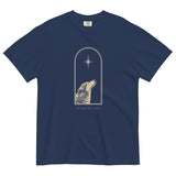 Wolf and star design on a True Navy garment-dyed cotton t-shirt