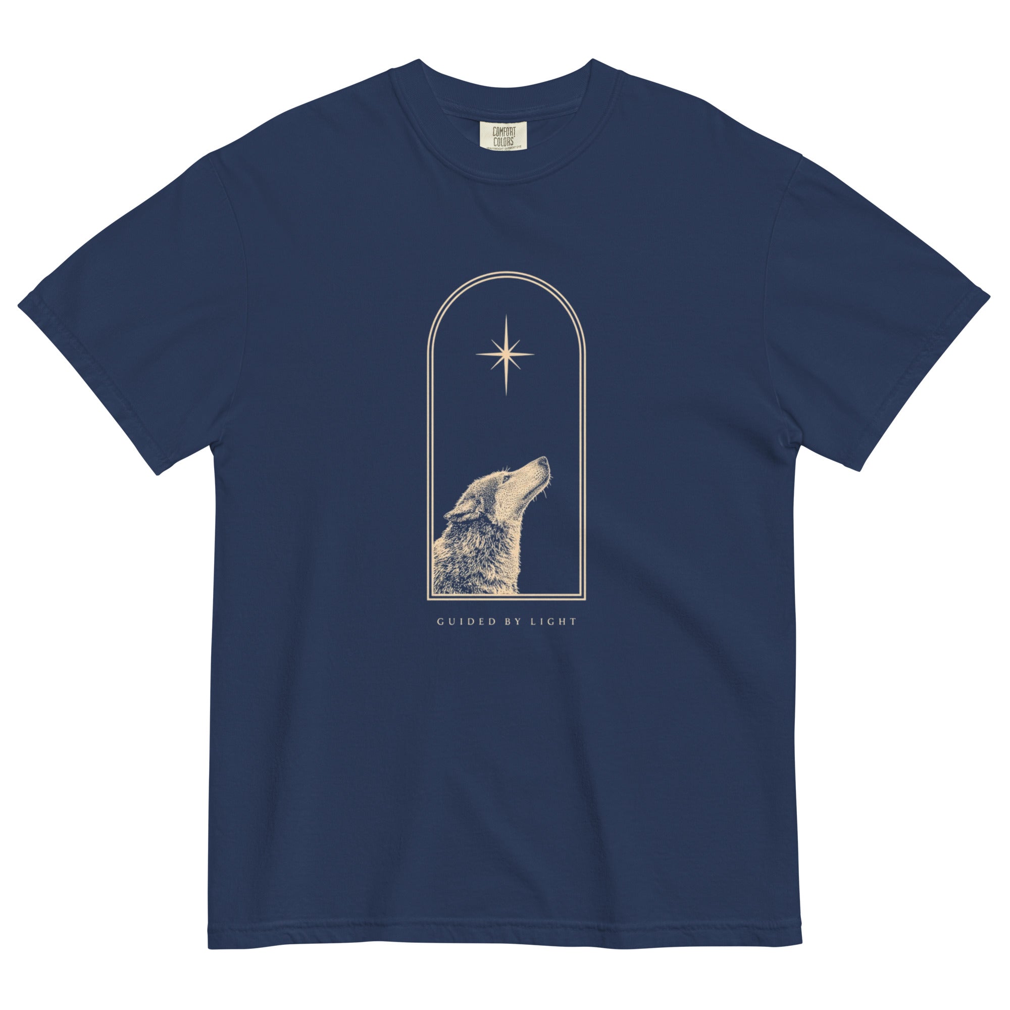 Wolf and star design on a True Navy garment-dyed cotton t-shirt