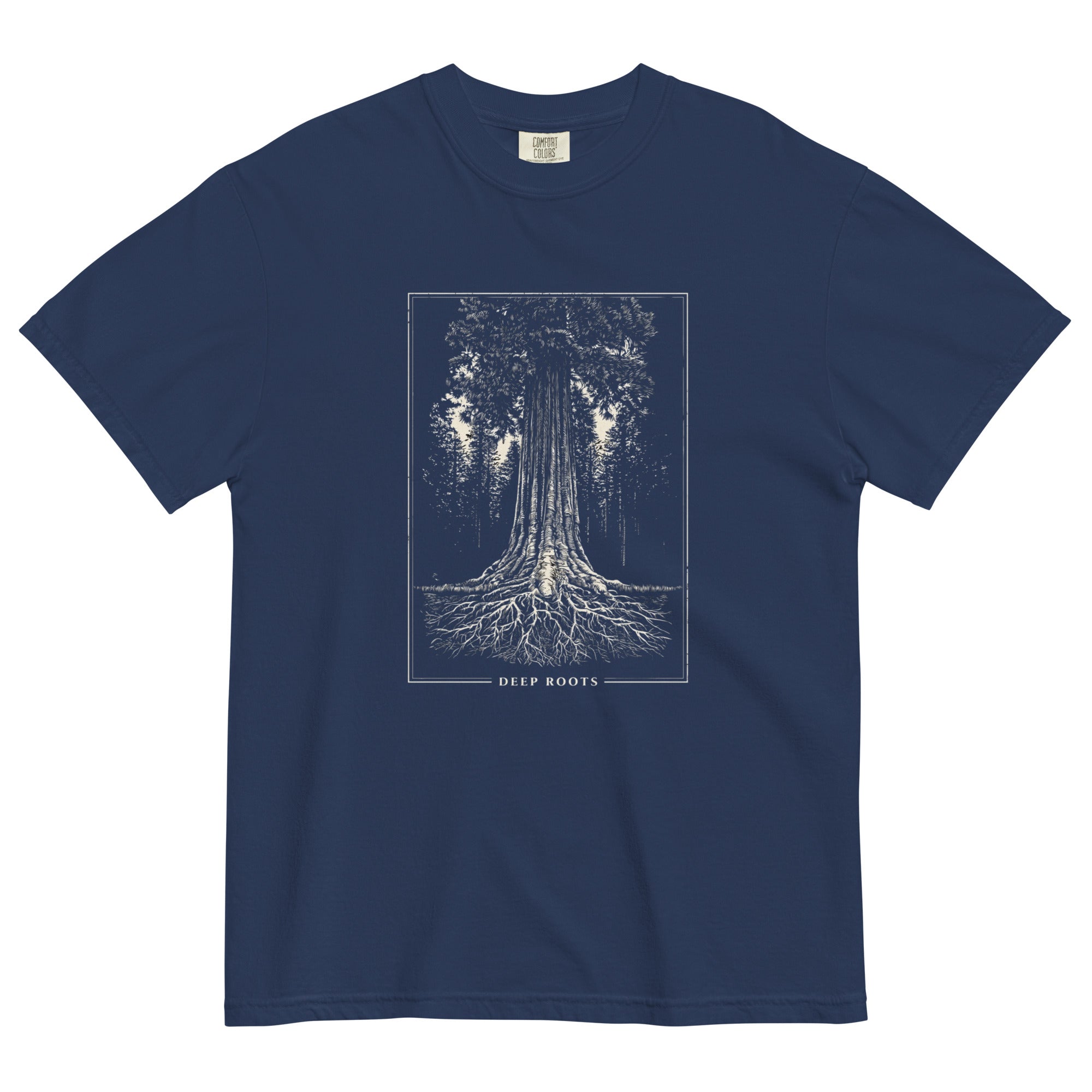 Redwood tree and roots design on a True Navy garment-dyed cotton t-shirt