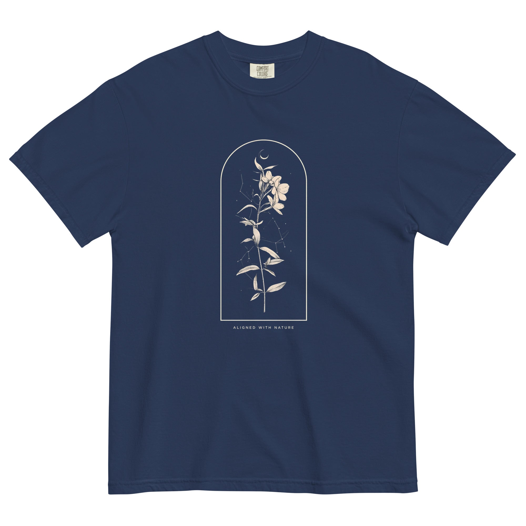 Wildflower and constellation design on a True Navy garment-dyed cotton t-shirt