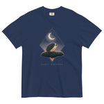Hedgehog and crescent moon design on a True Navy garment-dyed cotton t-shirt