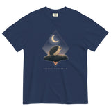Hedgehog and crescent moon design on a True Navy garment-dyed cotton t-shirt